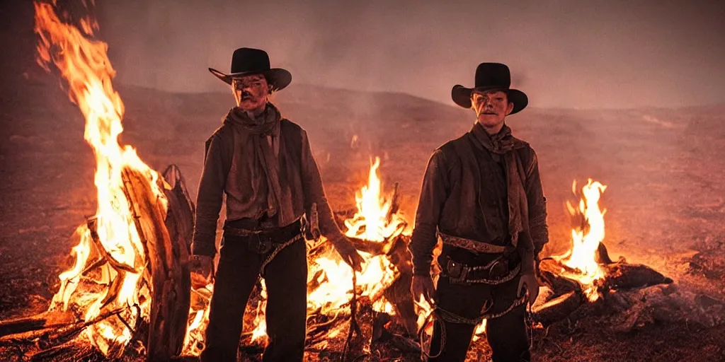 Prompt: extreme wide of rugged bandit cialien murphy ( ( alone ) ) in the old west, handcuffed by shackles at a campfire and thomas brodie - sangster ( ( alone ) ), violently fist fighting, volumetric lighting, cinematic, dark, grim, unforgiven