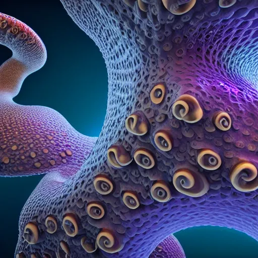 Image similar to hyperrealism simulation of parallel universe octopuses floating in deep space in surreal scene from art house movie from future by caravaggio rendered in mandelbulb 4 d and blender and octane render