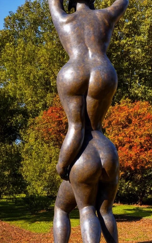 Image similar to detailed photo of old bronze patina statue of seductive curvy girl, super highly detailed, full body view, various poses, au blurry distant background with garden of ancient castel, photorealism, intricate detail, museum diffuse lighting, autumn sunlights