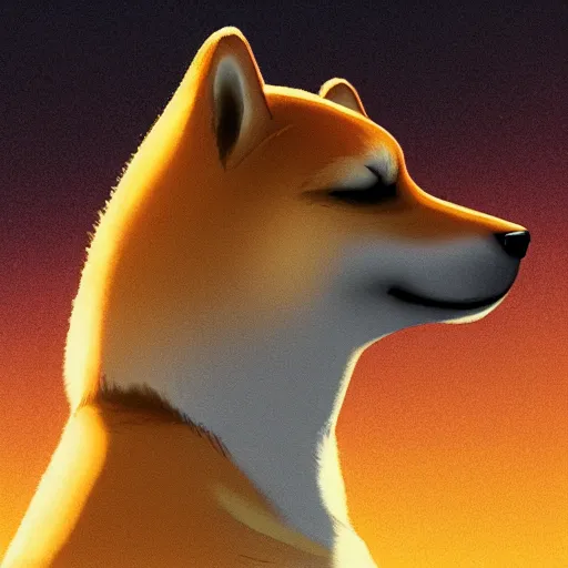 Image similar to The profile of a Shiba Inu sitting in the field, shining golden in the setting sun, illustration, trending on artstation, highly detailed