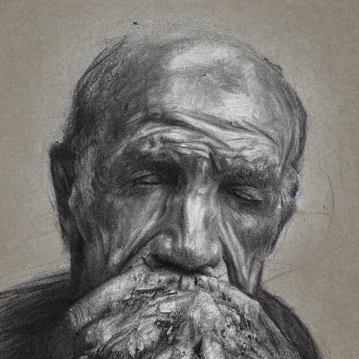 Prompt: drawing sketch of a dying man, by Ilya Repin, charcoal, chalk, 20th century russian academic art, detailed, spontaneous linework