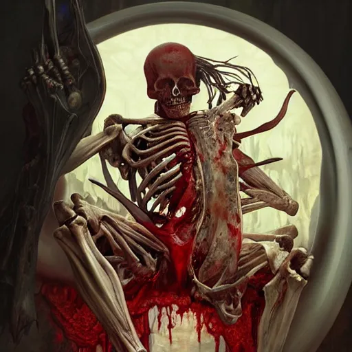 Image similar to human skeleton covered with blood, ultra realistic, concept art, intricate details, highly detailed, photorealistic, octane render, 8 k, unreal engine. art by artgerm and greg rutkowski and alphonse mucha