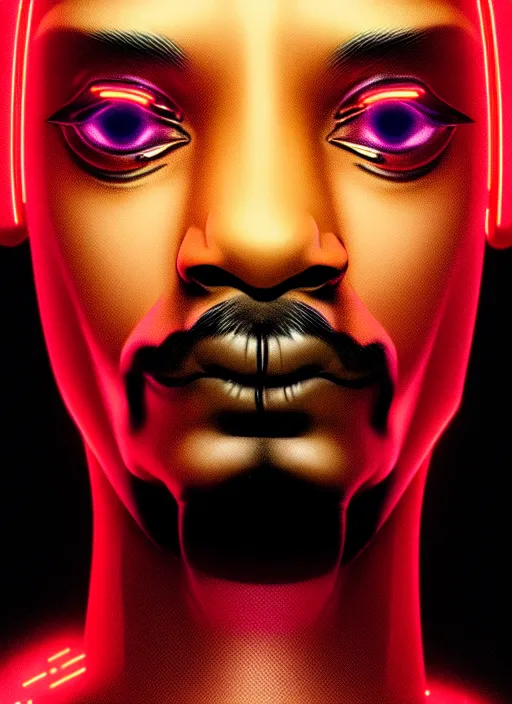 Image similar to portrait of snoop dog cyber humanoid, intricate, elegant, cyber neon lights, highly detailed, digital painting, artstation, glamor pose, concept art, smooth, sharp focus, illustration, art by artgerm and greg rutkowski