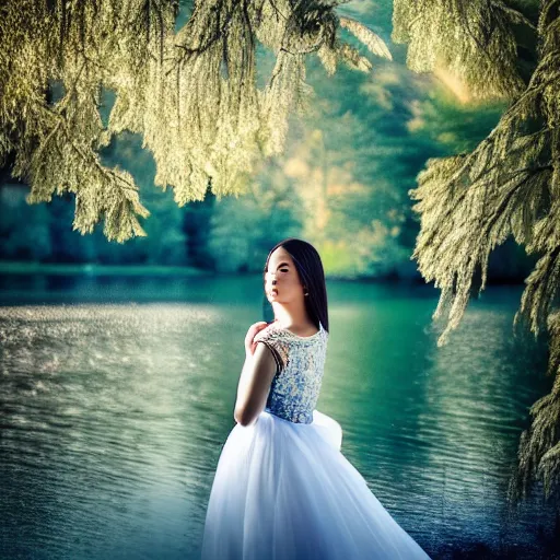 Prompt: modern princess posing in front of lake, profile, portrait photography, 50mm, photography by annie leibovitz, gmaster lens, sony, sharp focus, highly detailed, intricate, elegant, fantasy, 500px, model, backlight