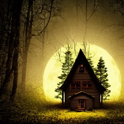 Prompt: dark forest with scary wooden house, full moon, cinematic scene