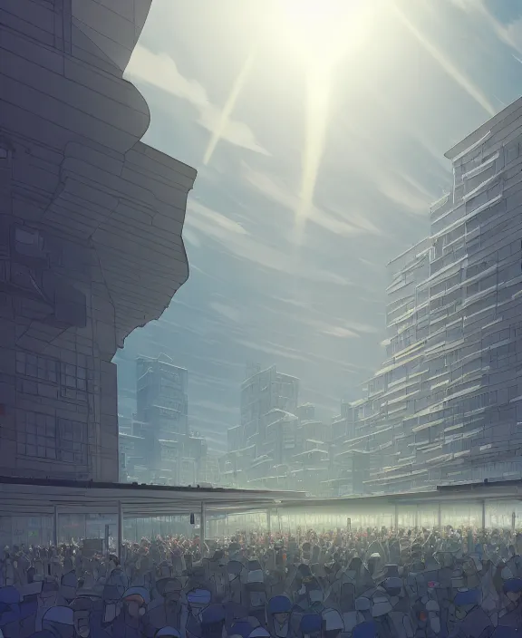 Prompt: minimalist building made from surgery, crowds of people, by dan mumford, yusuke murata, makoto shinkai, ross tran, cosmic, hellish, god rays, cinematic, unreal engine, cel shaded, featured on artstation, pixiv