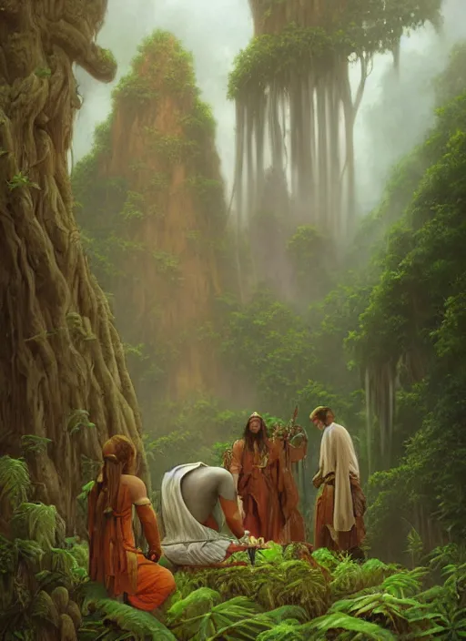 Image similar to ancestors protecting a shaman praying in the jungle, old faces in the clouds, art by christophe vacher