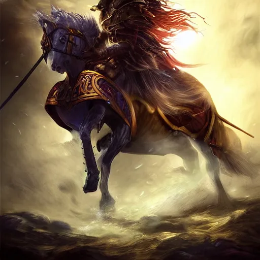 Prompt: epic digital painting of a warrior on a battle horse, eyes glowing, fantasy, sharp focus, highly detailed, cinematic