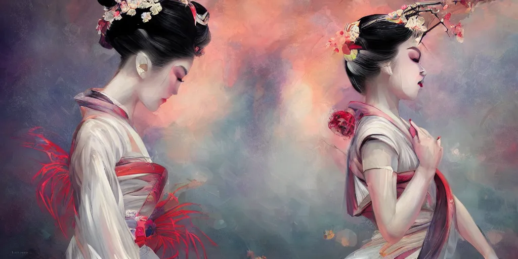 Image similar to full body geisha prima ballerina dancing in the wind, beautiful, ethereal, gorgeous, volumetric lighting, elegant, fluid, highly detailed oil painting, digital painting, concept art, smooth, sharp focus, illustration, strong lines and bold colors, limited color palette, atmosphere and tension, Japanese,manga, trending on artstation