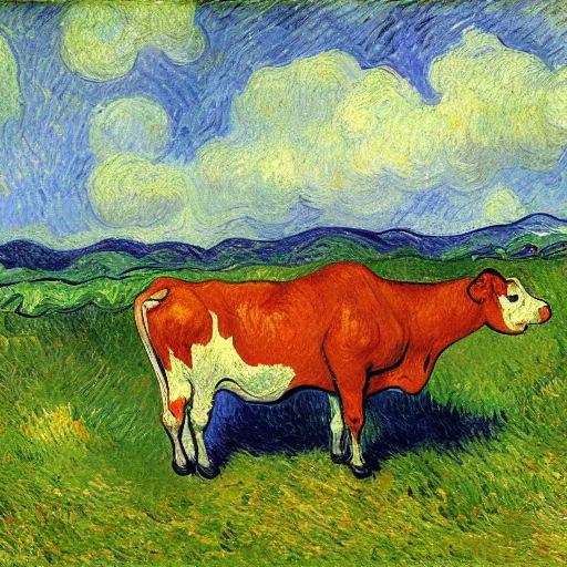 Prompt: a cow is running in the sky ， by van gogh, post - impressionism, cezanne, gaugin, van gogh, seurat, - h 7 6 8