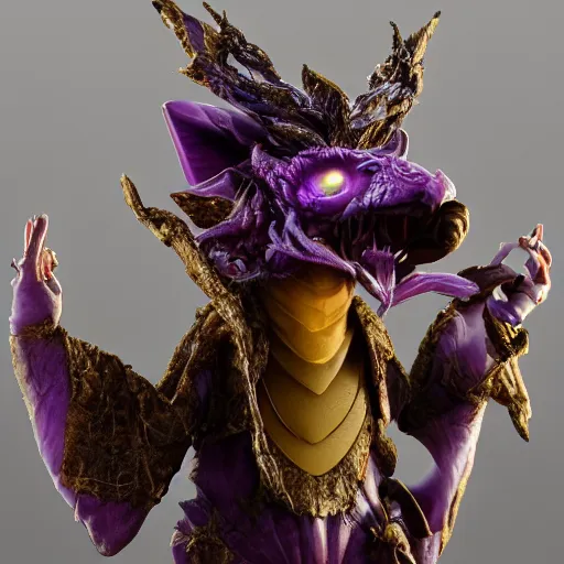 Image similar to zergling from the dark crystal wearing golden talismans and amethyst crystals. evil cinematic undertones. diffuse volumetric lighting.