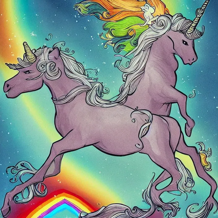 Prompt: a beautiful elegant unicorn running on a rainbow, concept art, intricate details, fierce, powers, comic