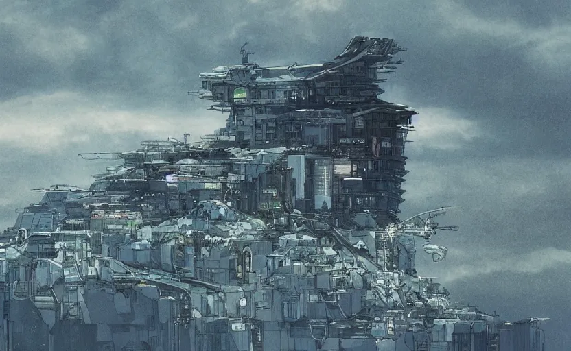 Prompt: a large building on the coast of japan. in the style of gits mamoru oshii.