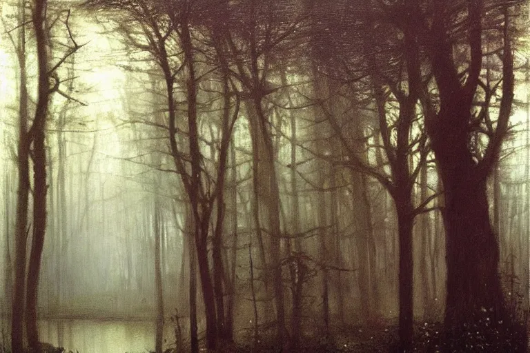 Image similar to dark and spooky painting of a forest dimly lit at night with tiny purple morning glory flowers trailing at the base of trees. foggy cinematic volumetric darkness, muted colour palette, detailed oil painting on canvas john william waterhouse, john everett millais