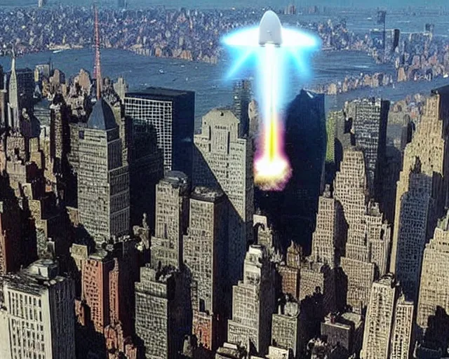 Image similar to [alien invasion] ufo footage spotted at new york city. there is explosions all over the city. 9/11 inspired. archangel invasion.