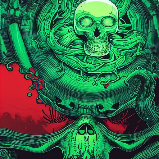 Prompt: a glowing red skull in a green sea enveloped by jellyfish tendrils and black seaweed by josan gonzalez and dan mumford, highly detailed, high contrast