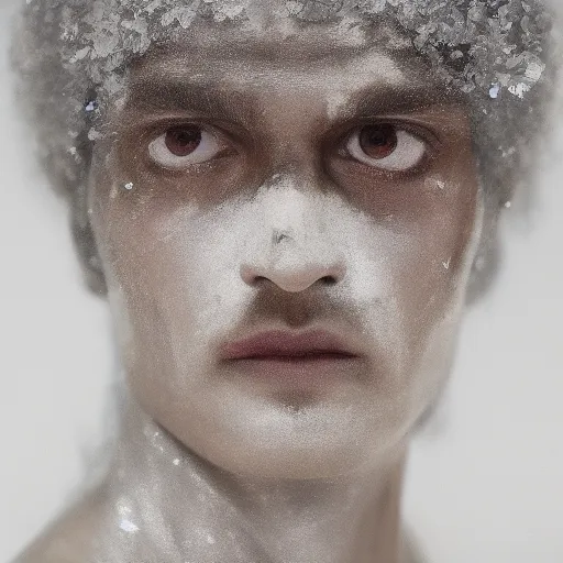 Image similar to a close up portrait of a beautiful athletic young persian male with his face covered in silver leaf , photographed by erwin olaf, artistic