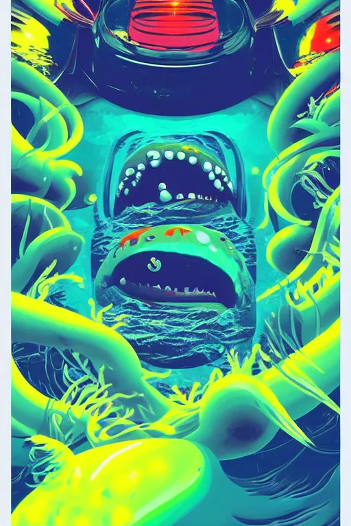 Prompt: life deep inside the sea with all monster on it. pop art, no duplicate image, glowing lights, ultra details, digital painting, artstation, concept art, smooth, sharp focus, illustration, intecrate details, art by richard hamilton and mimmo rottela, pixels art by kirokaze and paul robertson