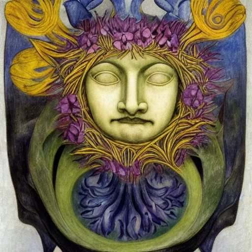 Image similar to closeup of a facemask made of flowers, by annie swynnerton and jean delville and edward hopper and evelyn de morgan and rufino tamayo, dark flower shaman, art brut, outsider art, symbolist, dramatic lighting, god rays, elaborate geometric ornament, clean crisp graphics, smooth sharp focus, extremely detailed, adolf wolfli