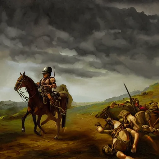 Image similar to Digital art of a tired spartan soldier riding horse on the battlefield in the style of an oil painting, acrylic, bleak, moonlight, detailed, dark, ominous, threatening, haunting, forbidding, gloomy,stormy, doom, apocalyptic,sinister, shadowy, ghostly,unnerving, harrowing, dreadful ,frightful, shocking, terror, hideous, ghastly, terrifying