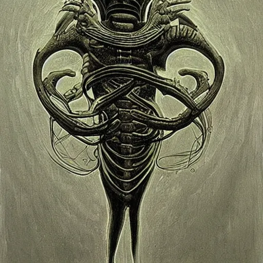 Image similar to a painting of the caduceus by h. r. giger