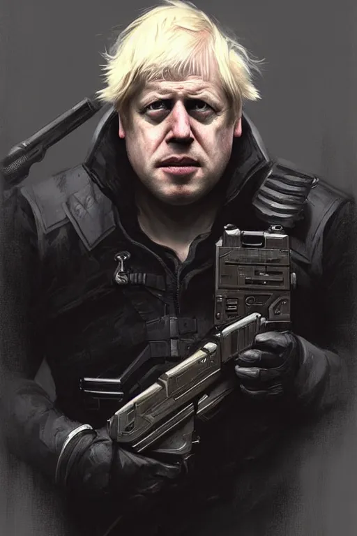 Image similar to Boris Johnson as Punisher, portrait, highly detailed, digital painting, artstation, concept art, sharp focus, illustration, cinematic lighting, art by artgerm and greg rutkowski and alphonse mucha