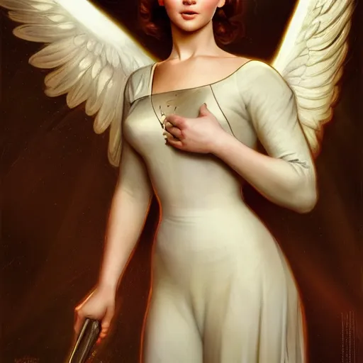 Image similar to Jennifer Lawrence as angel, medieval art, medium shot, intricate, elegant, highly detailed, digital painting, volumetric light, artstation, concept art, smooth, sharp focus, illustration, art by Gil Elvgren and Greg Rutkowski and Alphonse Mucha, 8K