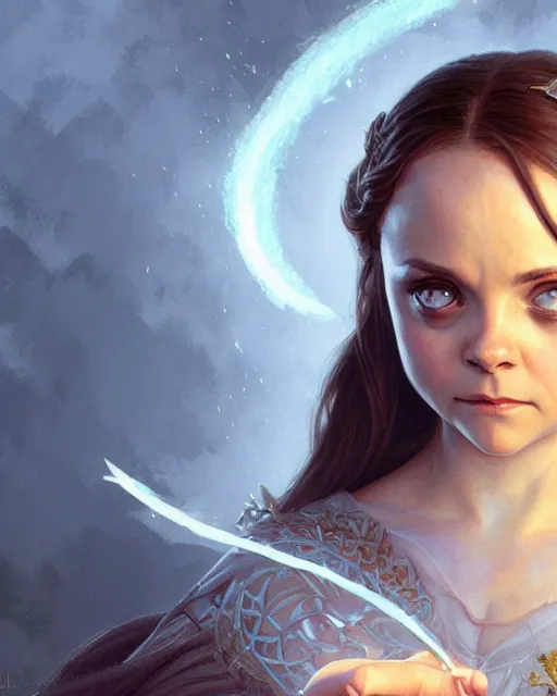 Image similar to Young Christina Ricci casting a ice spell, D&D, fantasy, intricate, elegant, highly detailed, digital painting, artstation, concept art, matte, sharp focus, illustration, hearthstone, art by Artgerm and Greg Rutkowski and Alphonse Mucha