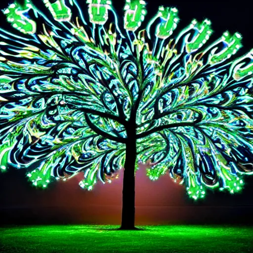 Image similar to a fractal tree made out of neon lights, futuristic, hd, epic lighting