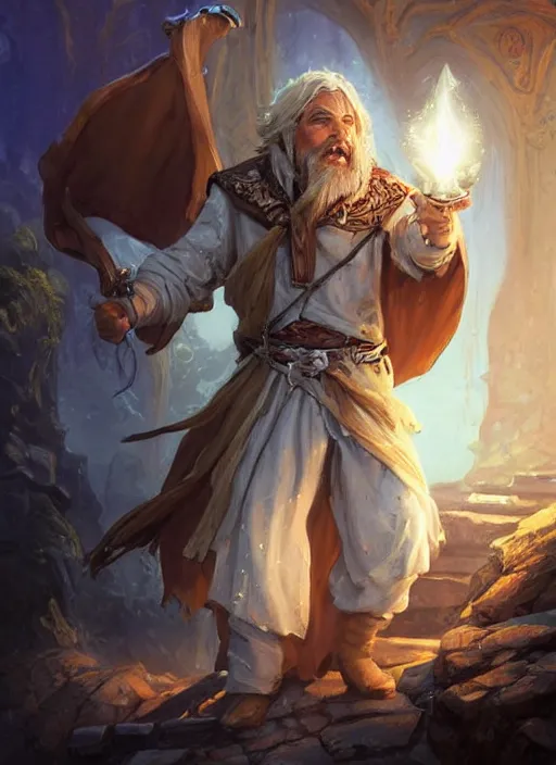 Prompt: traveling merchant in white coat, ultra detailed fantasy, dndbeyond, bright, colourful, realistic, dnd character portrait, full body, pathfinder, pinterest, art by ralph horsley, dnd, rpg, lotr game design fanart by concept art, behance hd, artstation, deviantart, global illumination radiating a glowing aura global illumination ray tracing hdr render in unreal engine 5