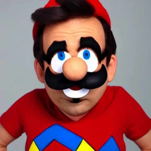 Image similar to photo of a dark haired man with long face, dark brown eyes and eyelashes, moustache, long nose, stubble wearing mario outfit