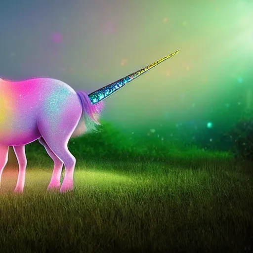 Image similar to an ultra high definition pastel coloured wildlife photograph of a magic unicorn with a glittery magic horn eating an ice cream in a magical field. refraction, volumetric lighting iridescence.