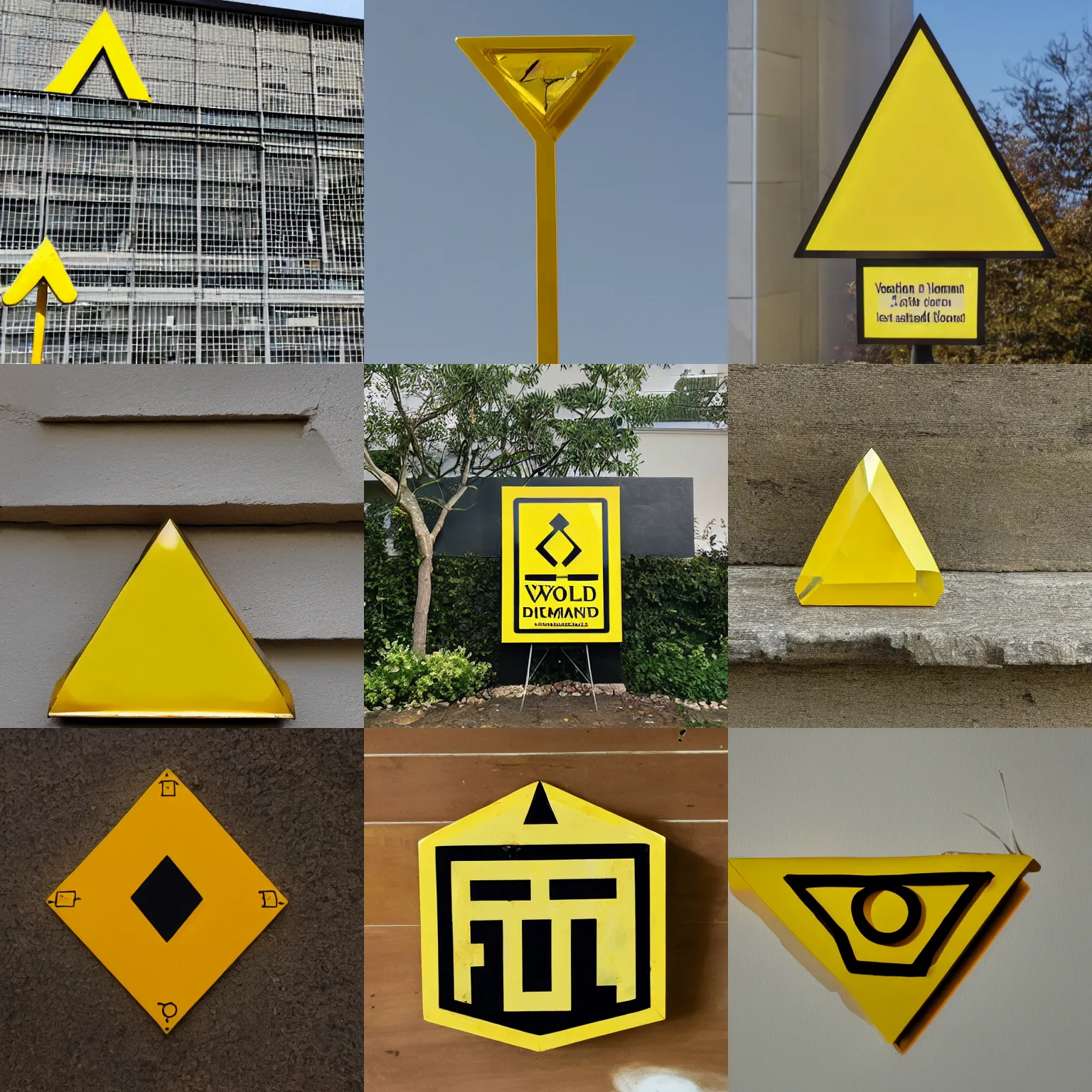 Prompt: a yellow diamond-shaped sign