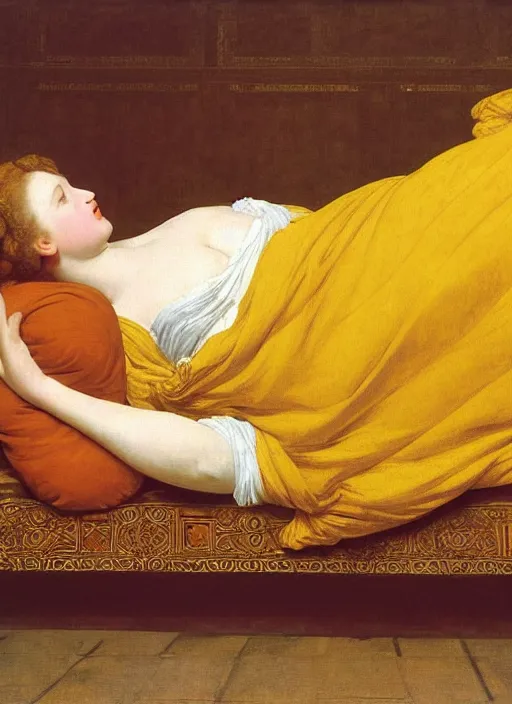 Image similar to masterpiece portrait of lady reclining vertically on bed wearing yellow ochre ornate medieval dress, foreshortening, colour photography by frederic leighton, william morris, 8 k