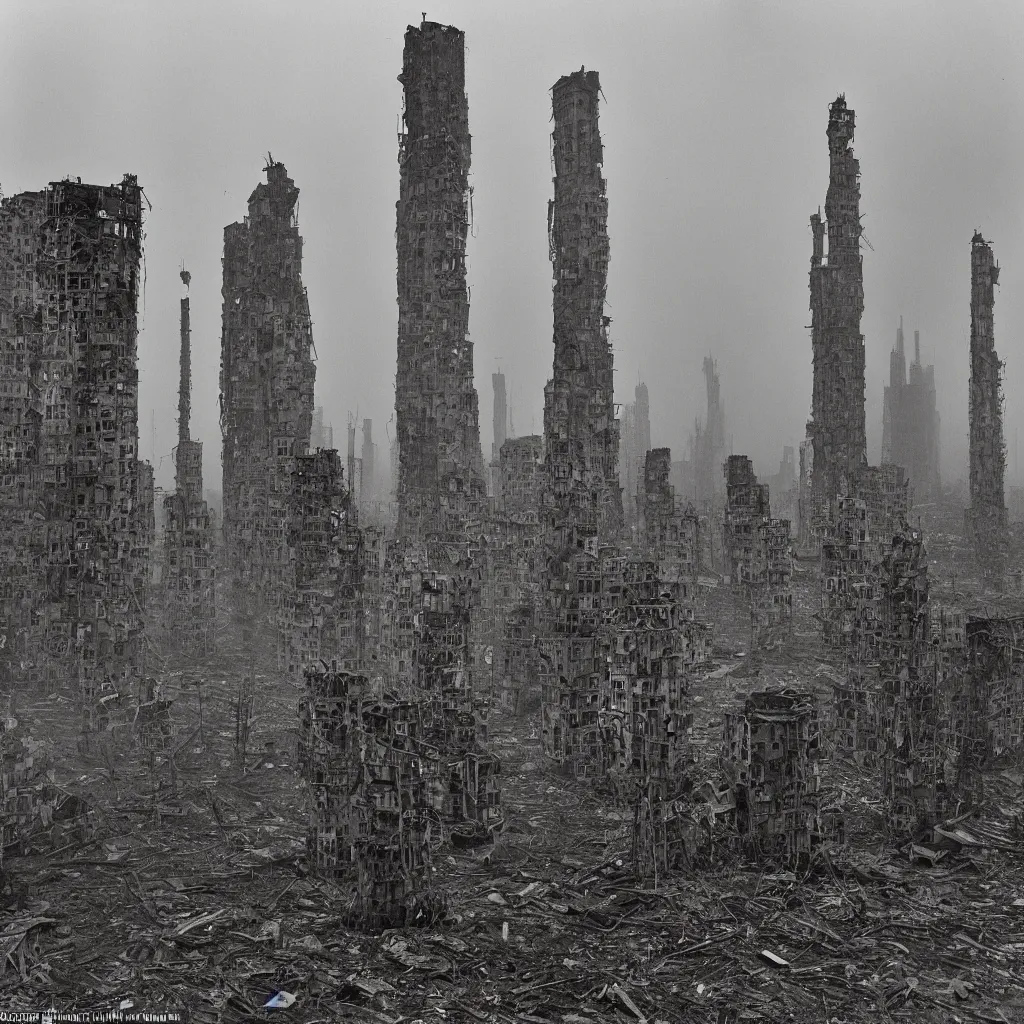 Prompt: tall towers, made up of makeshift squatter housing with faded colours, apocalyptic sky, misty, dystopia, mamiya rb 6 7, fully frontal view, ultra sharp, very detailed, photographed by andrei tarkovsky