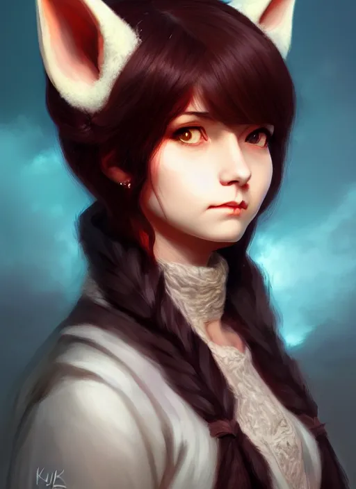 Prompt: a head and shoulders portrait of a female bard, d & d, fantasy art, award winning, fox ears, by ilya kuvshinov