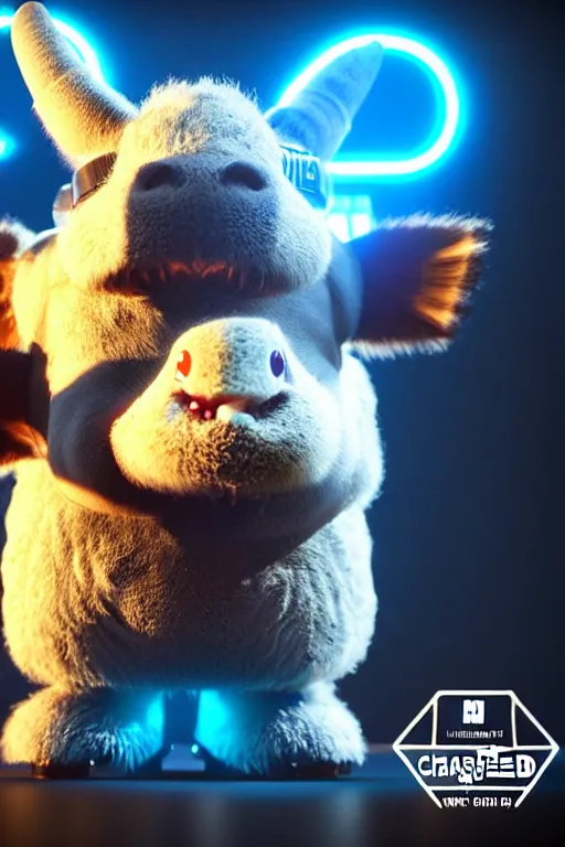 Image similar to high quality 3 d render sci - fi very cute cyborg cow & fluffy! wombat!! hybrid! drinking beer, highly detailed, unreal engine cinematic smooth, in the style of blade runner & detective pikachu, hannah yata charlie immer, dark blue neon light, low angle, uhd 8 k, sharp focus