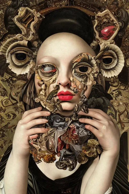 Image similar to Detailed maximalist portrait with large lips and with large, wide eyes, expressive, extra flesh, HD mixed media, 3D collage, highly detailed and intricate, surreal, illustration in the style of Caravaggio, dark art, baroque