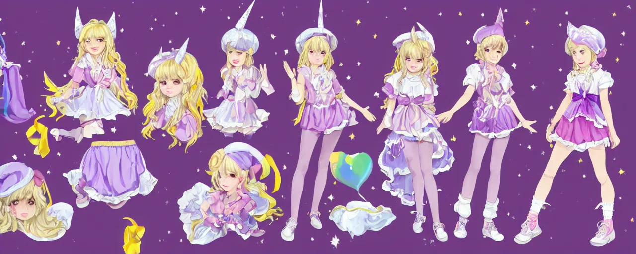 Prompt: A character sheet of full body cute magical girls with short blond hair wearing an oversized purple Beret, Purple overall shorts, Short Puffy pants made of silk, pointy jester shoes, a big billowy scarf, and white leggings. Rainbow accessories all over. Fancy Dress, Lolita Fashion, Golden Ribbon, Flowing fabric. Covered in stars. Short Hair. Art by william-adolphe bouguereau and Paul Delaroche and Alexandre Cabanel and Lawrence Alma-Tadema and Johannes Helgeson and WLOP and Artgerm and Shoichi Aoki. Fashion Photography. Decora Fashion. harajuku street fashion. Kawaii Design. Intricate, elegant, Highly Detailed. Smooth, Sharp Focus, Illustration Photo real. realistic. Hyper Realistic. Sunlit. Moonlight. Dreamlike. Fantasy Concept Art. Surrounded by clouds. 4K. UHD. Denoise.