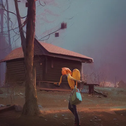 Image similar to woman leaving her wooden broken house by simon stålenhag, very highly detailed, award winning, rendered by Beeple, by Makoto Shinkai, syd meade, starwars, space art concept, digital art, unreal engine, blender, WLOP, trending on artstation, 4K UHD image, octane render