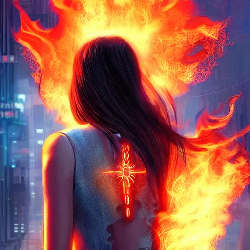 Image similar to beautiful young woman from behind with flames coming out of hands flying in a cyberpunk city, very detailed, realistic, symmetrical face, art by digital painting,