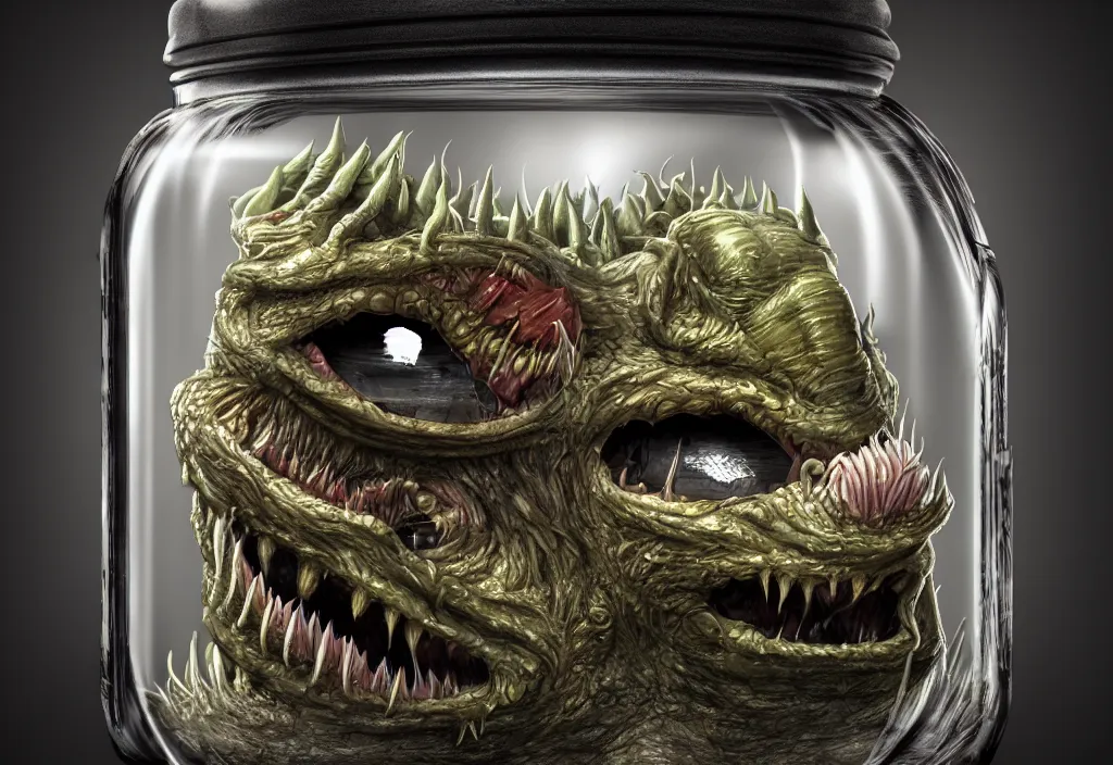 Image similar to Photorealistic miniature monster inside a jar on clean background by H.R. Giger, KDA and Sam Yang, trending on artstation