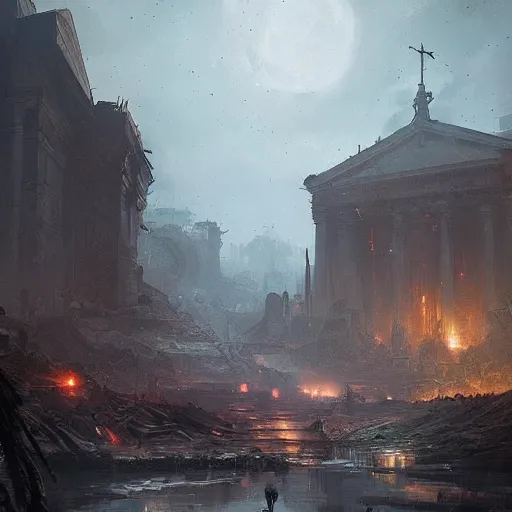 Prompt: rome in a post apocalyptic earth as seen by greg rutkowski, dark theme, enchanted, warm colors, high quality, waw, trending on artstation