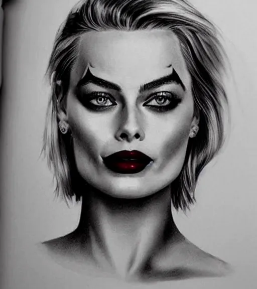 Image similar to tattoo design sketch of beautiful margot robbie portrait with joker makeup, in the style of den yakovlev, realistic face, black and white, realism tattoo, hyper realistic, highly detailed