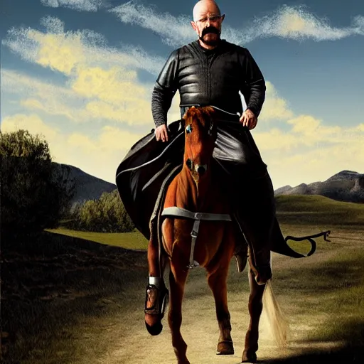 Image similar to walter white from breaking bad wearing medieval armor and riding a horse, matte oil painting
