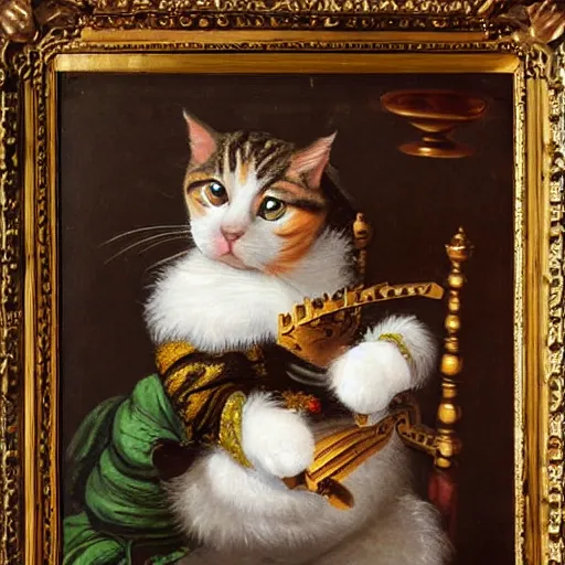 Image similar to cat playing chess looking wise, rococo oil painting, highly detailed