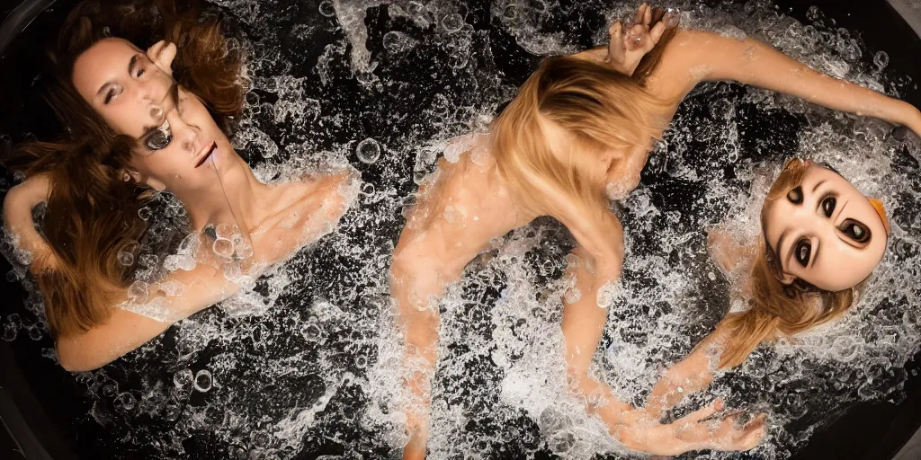 Image similar to photography of a top model, through the water in a bathtub, with some bubbles, top shot, seen from above