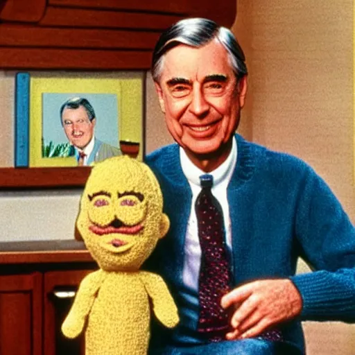 Image similar to mr. rogers proudly displaying a smaller mr. rogers made of octopus, color 1 9 7 0 s photo