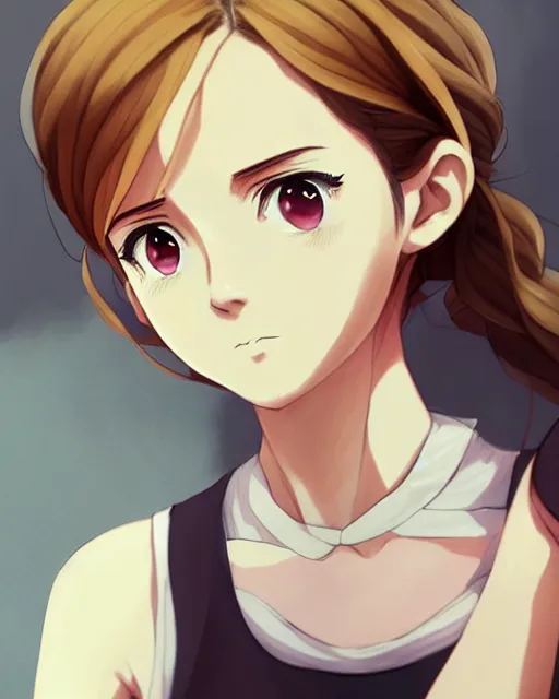 Prompt: Anime as Emma Watson playing Hermione Granger, cute-fine-face, pretty face, realistic shaded Perfect face, hourglass slim figure, attractive features, tight fitted tank top, body portrait, slight smile, highly detailed, digital painting, Hogwarts, artstation, concept art, sharp focus, illustration, art by WLOP and ilya kuvshinov and greg rutkowski and alphonse mucha and artgerm