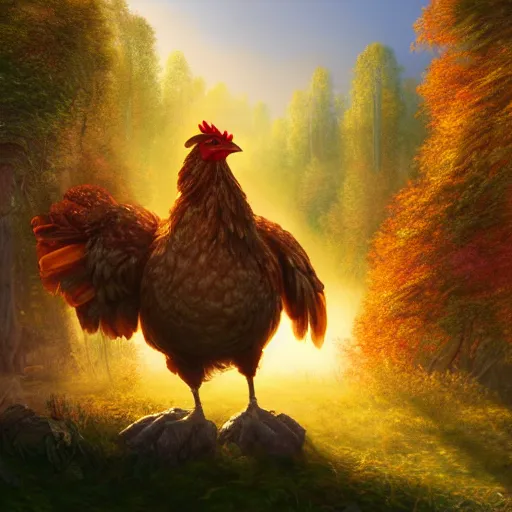 Prompt: giant chicken in a forest during the golden hour in autumn, volumetric sun rays and dust, highly detailed 4K fantasy matte painting by Thomas Kinkade, ArtStation, CGSociety, Unreal Engine